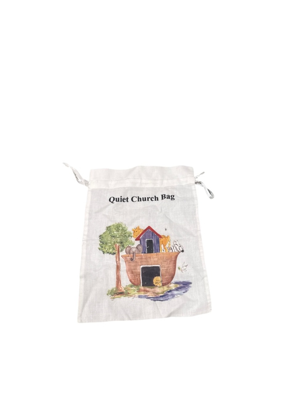 Quiet Church Bag Drawstring Pouch with Noah's Ark Print - White